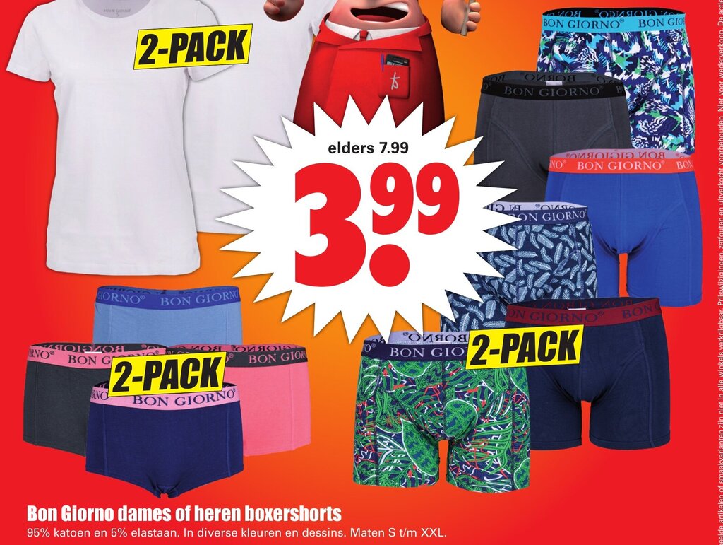 Dirk Bon Giorno dames of heren boxerschorts  S/XXL  2-pack aanbieding