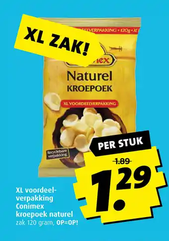 Boni XL voordeel-verpakking Conimex kroepoek naturel zak 120 gram per stuk aanbieding