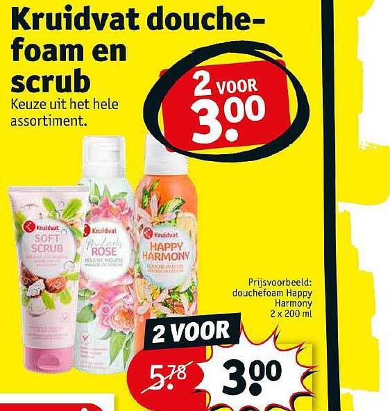 Kruidvat douche foam en scrub aanbieding bij Kruidvat