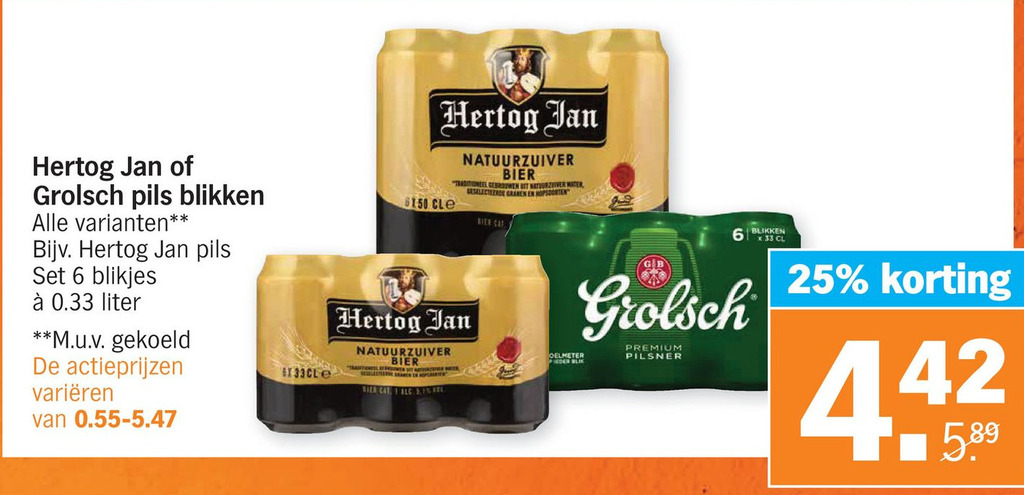 Hertog Jan of Grolsch pils blikken aanbieding bij Albert Heijn