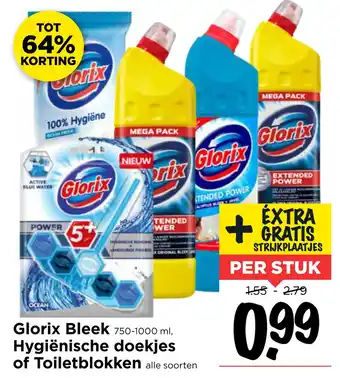 Vomar Voordeelmarkt Glorix Bleek Hygiënische doekjes of Toiletblokken aanbieding