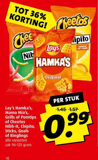 Boni Lay's hamka's, mama mia's, grills of pomtips of cheetos nibb-it, chipito, sticks, goals of ringlings aanbieding