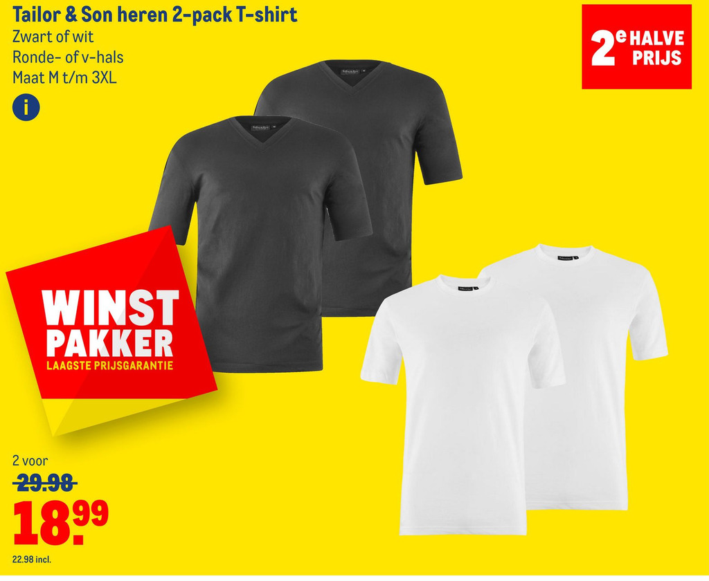 Makro Tailor & son heren 2-pack t-shirt zwart of wit aanbieding