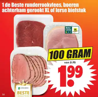 Dirk 1 de Beste runderrookvlees, boeren achterham gerookt XL of lerse biefstuk aanbieding