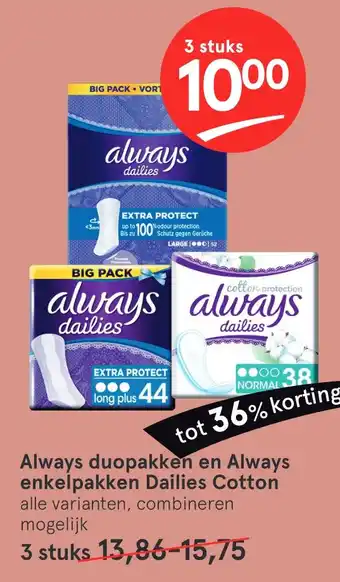 Etos Always duopakken en Always enkelpakken Dailies Cotton aanbieding