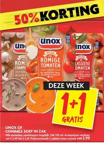 Dekamarkt Unox of Conimex soep in zak 2*570ml aanbieding