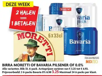 Dekamarkt Birra Moretti of Bavaria pilsener of 0.0% 2*6-packs aanbieding