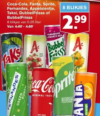 Hoogvliet Coca-Cola, Fanta, Sprite, Fernandes, Appelsientje, Taksi, DubbelFriss of BubbelFriss 0.25L aanbieding