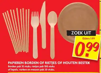 Dekamarkt Papieren Borden 10st of rietjes 100st of houten bestek 20st aanbieding