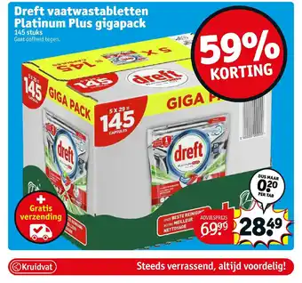 Kruidvat Dreft vaatwastabletten Platinum Plus gigapack 145 stuks aanbieding