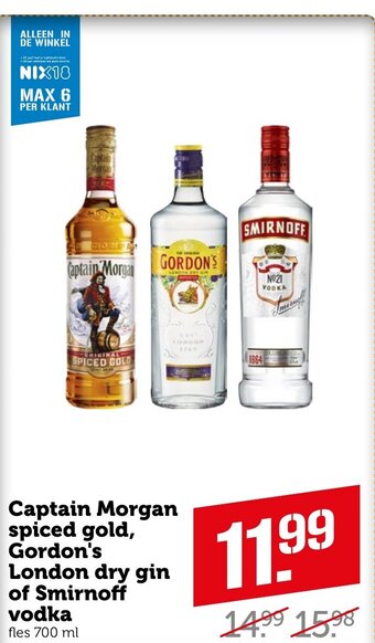 Coop Captain Morgan spiced gold, Gordon's London dry gin of Smirnoff vodka 700ml aanbieding