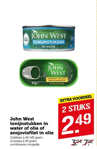 Coop John West tonijnstukken in water of olie of ansjovisfilet in olie aanbieding