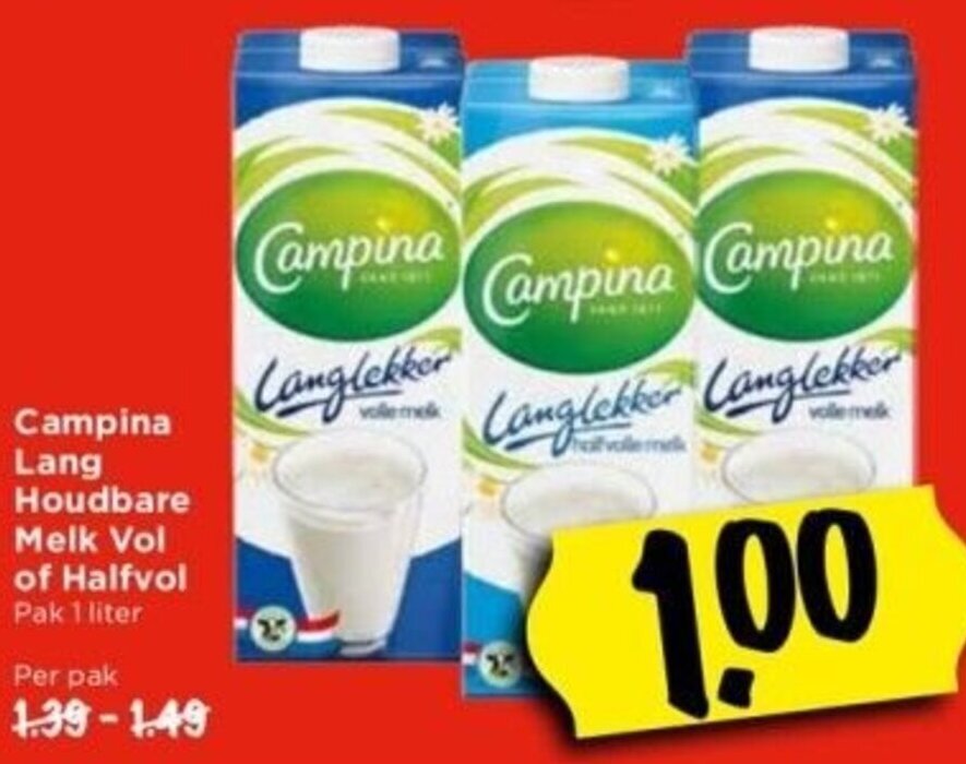 Campina Lang Houdbare Melk Vol of Halfvol 1L aanbieding bij Vomar