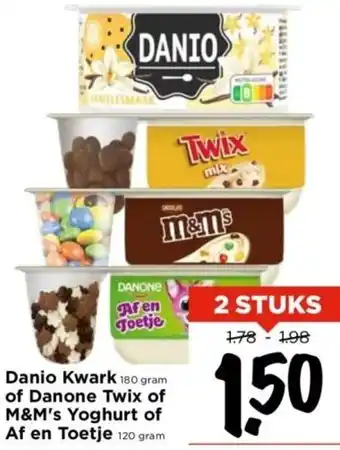 Vomar Voordeelmarkt Danio Kwark 180g of Danone Twix of M&M's Yoghurt of Af en Toetje 120g 2 stuks aanbieding