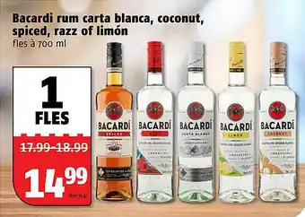 Poiesz Bacardi rum carta blanca, coconut, spiced, razz of limón aanbieding