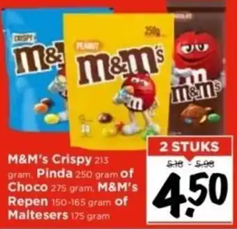 Vomar Voordeelmarkt M&M's Crispy 213g, Pinda 250g of Choco 275g, M&M's Repen 150g of Maltesers 175g 2 stuks aanbieding