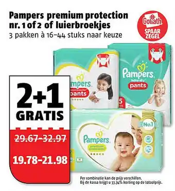 Poiesz Pampers premium protection nr. 1 of 2 of luierbroekjes aanbieding