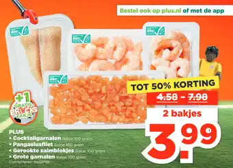 PLUS Cocktailgarnalen, Pangasiusfilet, Gerookte zalmblokjes, Grote garnalen aanbieding