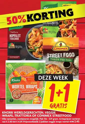 Dekamarkt Knorr Wereldgerechten, veggie wraps, trattoria of conimex streetfood aanbieding