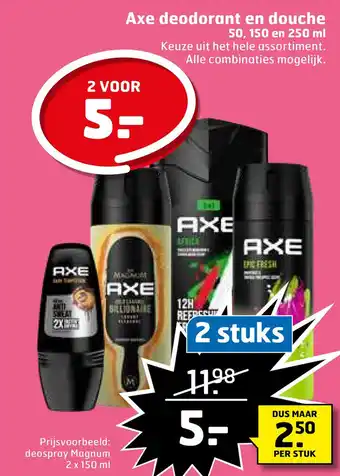 Trekpleister Axe deodorant en douche 50, 150 en 250 ml aanbieding