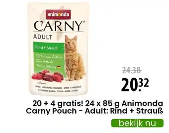 Zooplus 20 + 4 gratis! 24 x 85 g animonda carny pouch - adult: rind + strauß aanbieding