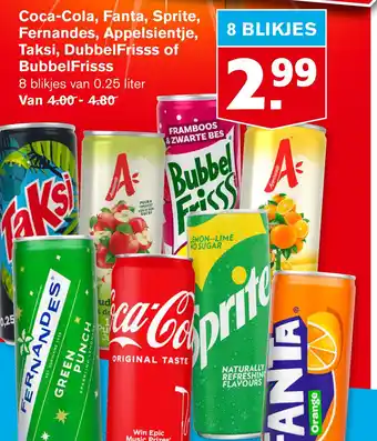 Hoogvliet Coca-cola, fanta, sprite, fernandes, appelsientje, taksi, dubbelfrisss of bubbelfrisss aanbieding