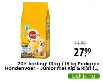 Zooplus 20% korting! 13 kg / 15 kg pedigree hondenvoer - junior met kip & rijst (15 kg) aanbieding