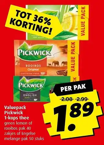 Boni Valuepack pickwick 1-kops thee aanbieding