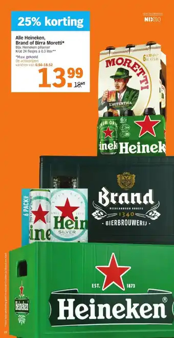 Albert Heijn Alle Heineken, Brand of Birra Moretti 24 flesjes a 0.3 liter aanbieding