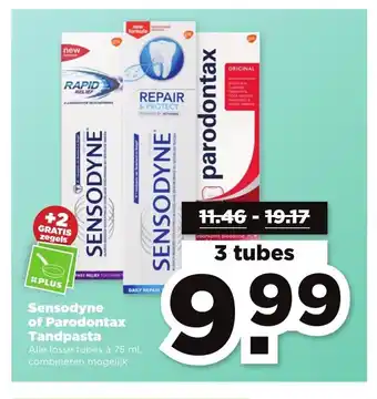 PLUS Sensodyne of Paradontax Tandpasta 3 tubes a 75 ml aanbieding