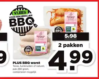 PLUS BBQ worst 280 gram 2 pakken aanbieding