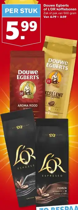 Hoogvliet Douwe Egberts of L'OR koffiebonen 500g aanbieding