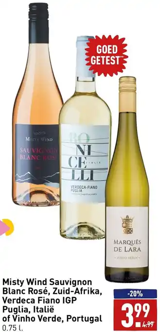 ALDI Misty Wind Sauvignon Blanc Rose, Zuid-Afrika, Verdeca Fiano IGP Puglia, Italie of Vinho Verde, Portugal 0.75L aanbieding