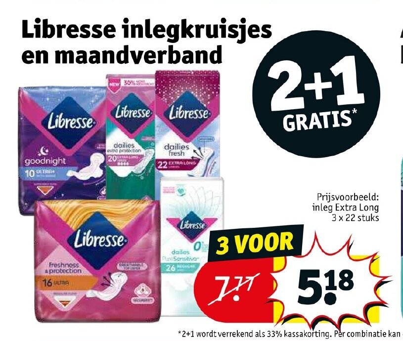 Libresse inleg Extra Long 3 x 22 stuks aanbieding bij Kruidvat