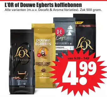 Dirk Douwe Egberts of L'OR koffiebonen 500g aanbieding