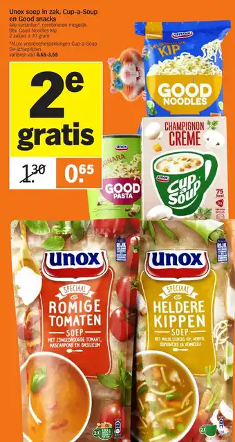 Albert Heijn Unox Soep in zak, Cup-a-Soup en Good snacks 2st aanbieding