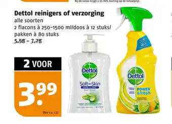 Poiesz Dettol reinigers of verzorging 2 flacons a 250-1500 ml/doos a 12 stuks aanbieding