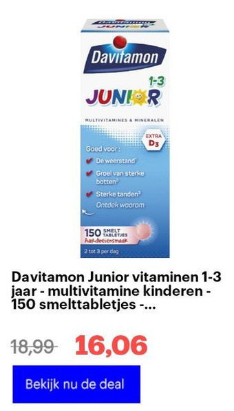 Bol.com Davitamon junior vitaminen 1-3 jaar - multivitamine kinderen - 150 smelttabletjes - aardbeiensmaak aanbieding