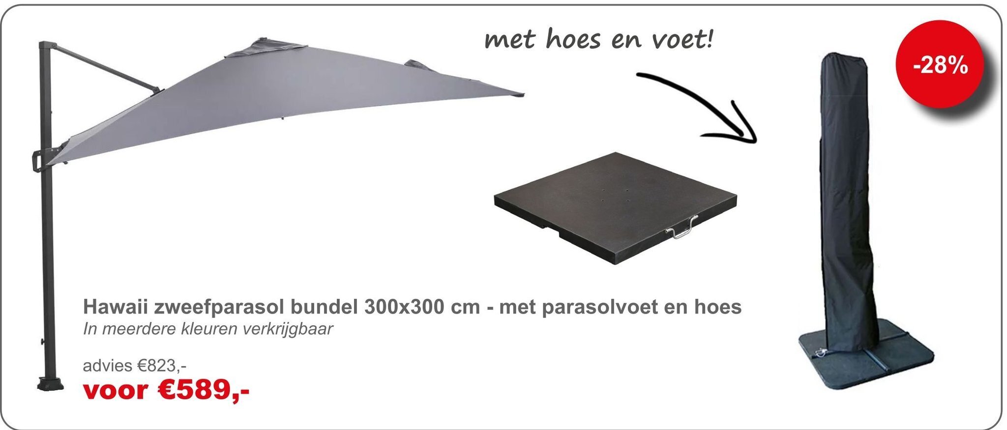 Hawaii zweefparasol bundel 300x300 cm met parasolvoet en hoes