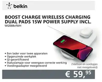 Informatique Belkin Boost charge wireless charging dual pads 15W power supply included | WIZ008vfWH aanbieding