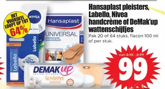 Dirk Hansaplast pleisters, Labello, Nivea handcreme of DeMak'up wattenschijfjes aanbieding