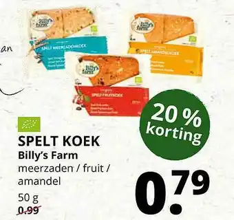 Ekoplaza Spelt koek billy's farm 20% Korting 50 g aanbieding