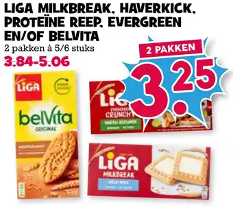 Boon`s Markt Liga milkbreak, haverkick, proteïne reep, evergreen en/of belvita aanbieding