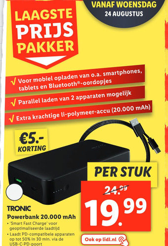 Lidl Tronic powerbank 20.000 mah aanbieding