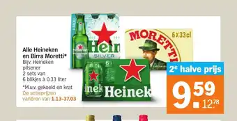 Albert Heijn Alle Heineken en Birra Moretti 2 sets van 6 blikjes a 0.33 liter aanbieding