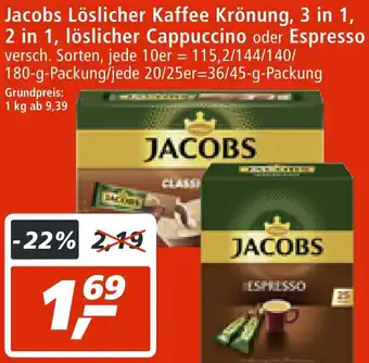 mein real DE Jacobs loslicher kaffee kronung, 3 in 1, 2 in 1, loslicher cappuccino oder espresso 180g aanbieding
