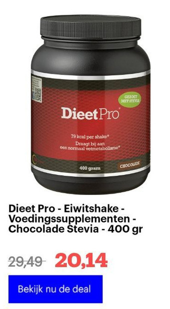 Bol.com Dieet pro - eiwitshake - voedingssupplementen - chocolade stevia - 400 gr aanbieding