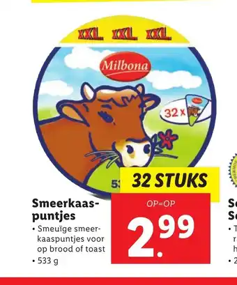 Lidl Milbona Smeerkaas-puntjes 533 g 32 stuks aanbieding