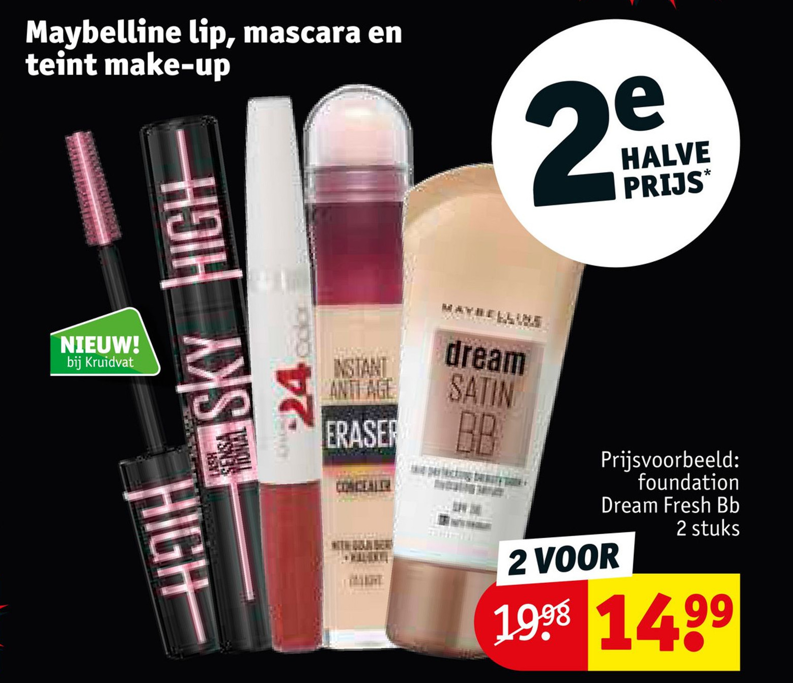 Maybelline lip, mascara en teint makeup aanbieding bij Kruidvat