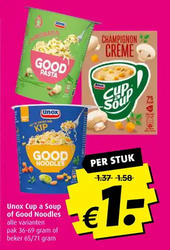 Boni Unox cup a soup of good noodles pak 36-69 gram of beker 65/71 gram per stuk aanbieding